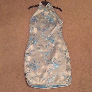Blue and white oriental halter dress